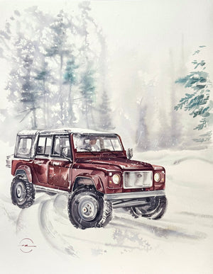 Winter Drive, Red Defender | 35 × 45 cm